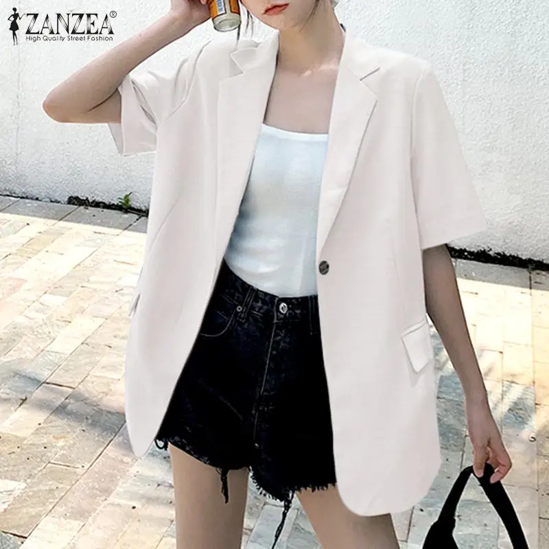 

ZANZEA Office Lady Blazers Women 2021 Summer Elegant Blazer Casual Short Sleeve Lapel Coats Loose Pockets Outwears