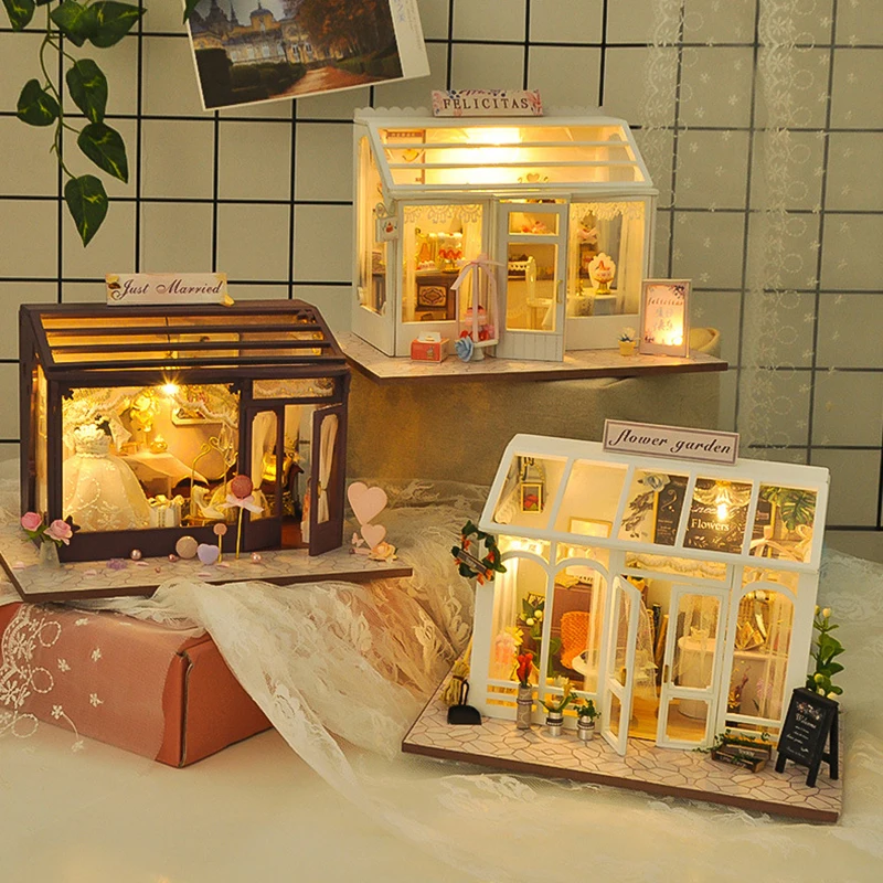 

DIY Bookstore Cake Flower Shop Wooden Dollhouse Miniature Furniture With LED Kits Doll Houses Assemble Toys Kids Gift Casa