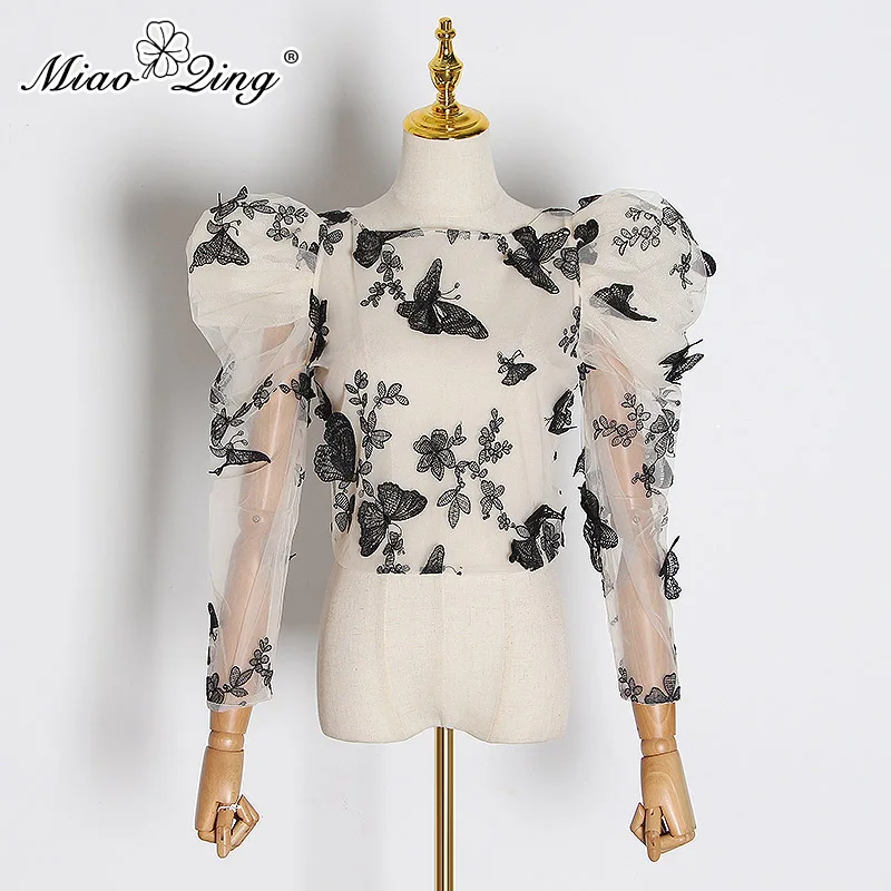MIAOQING/Женская сетчатая рубашка с вышитой бабочкой и круглым вырезом топ пышными