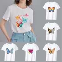classic t shirt womens simple casual slim top color butterfly pattern printing series round neck ladies all match commuter top