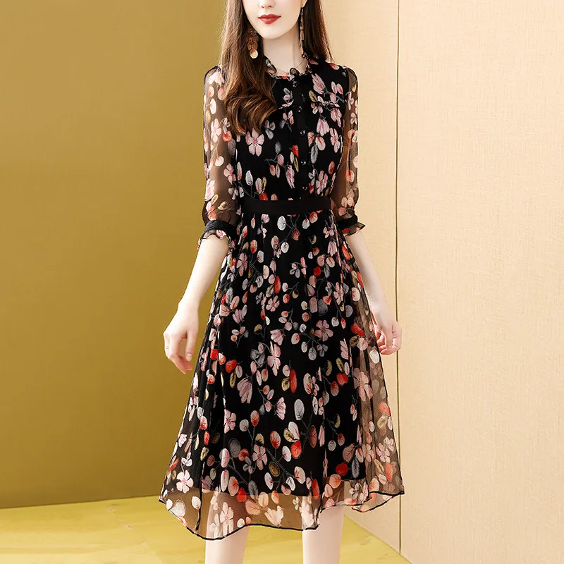 Летнее платье из натурального шелка 100% элегантное женское с цветочным принтом