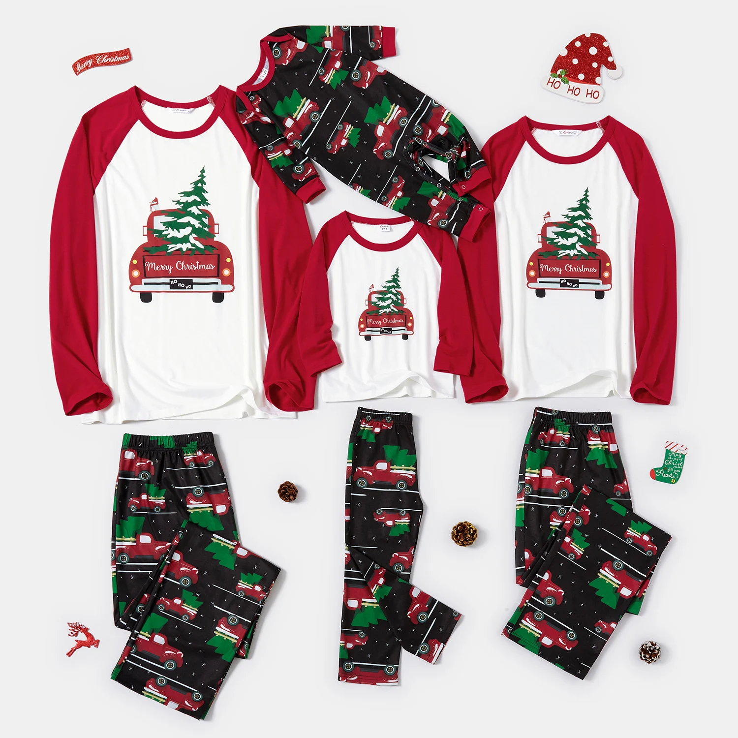 PatPat Family Matching Red Car Carrying Christmas Tree Pajamas Sets (Flame resistant)