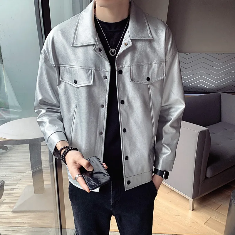 

Men Vintage Casual Short Style PU Leather Jacket Male Streetwear Thick Leather Coat Outerwear