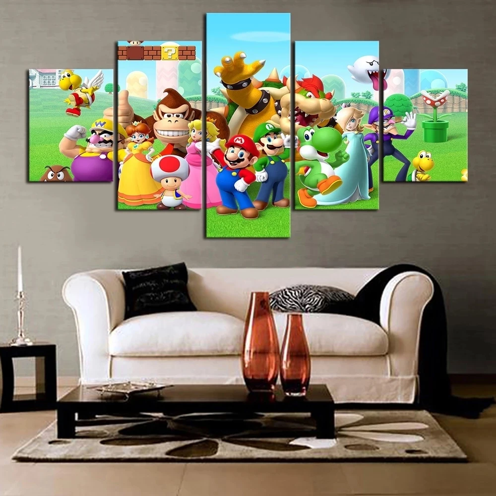 

Модульная фотография Hd, детский Декор для дома, 5 панелей, видеоигра Super Mario, мультяшный постер, настенное искусство, Картина на холсте, рамка