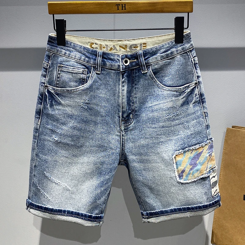 

Men Jeans Cargo Short Casual Patchwork Printing Denim Shorts Elasticity Fashion Simplicity Youth Knee Length Five Points Pants