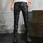 #2225 брендовые узкие плиссированные брюки, мужские джоггеры, черные узкие брюки из искусственной кожи, мужские байкерские узкие брюки, брюки-карандаш, Размеры 29-40