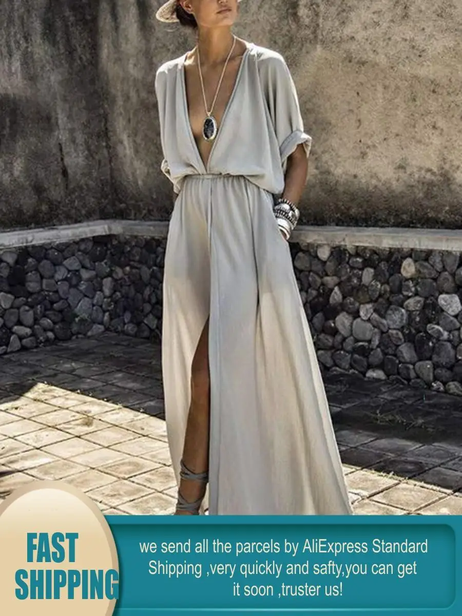 

Casual party split dress ladies summer long dress plus size deep V-neck half-sleeve vacation long beach dress