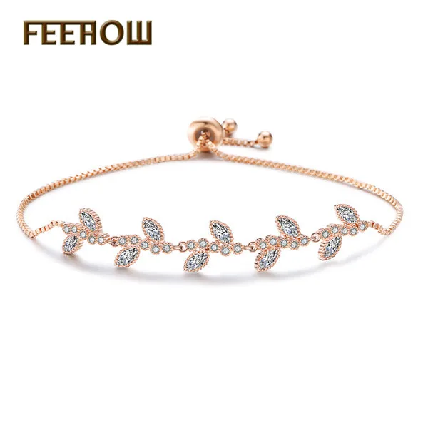 Rose Gold 74 FEEHOW, высокое качество, Marquise Cut, прозрачный CZ циркониевый браслет и браслеты для женщин, подарок, модный, кристалл, камень, лист, ювелирное изделие, FWBP061 - Окраска металла: Rose Gold 74