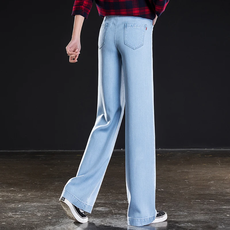 Женские джинсовые брюки с широкими штанинами синие эластичные свободные высокой