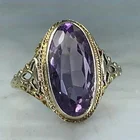 Женское кольцо с крупным фиолетовым овальным кристаллом, Винтажное кольцо золотого цвета в дворцовом стиле, вечерние ное и праздничное Ювелирное Украшение для повседневной жизни