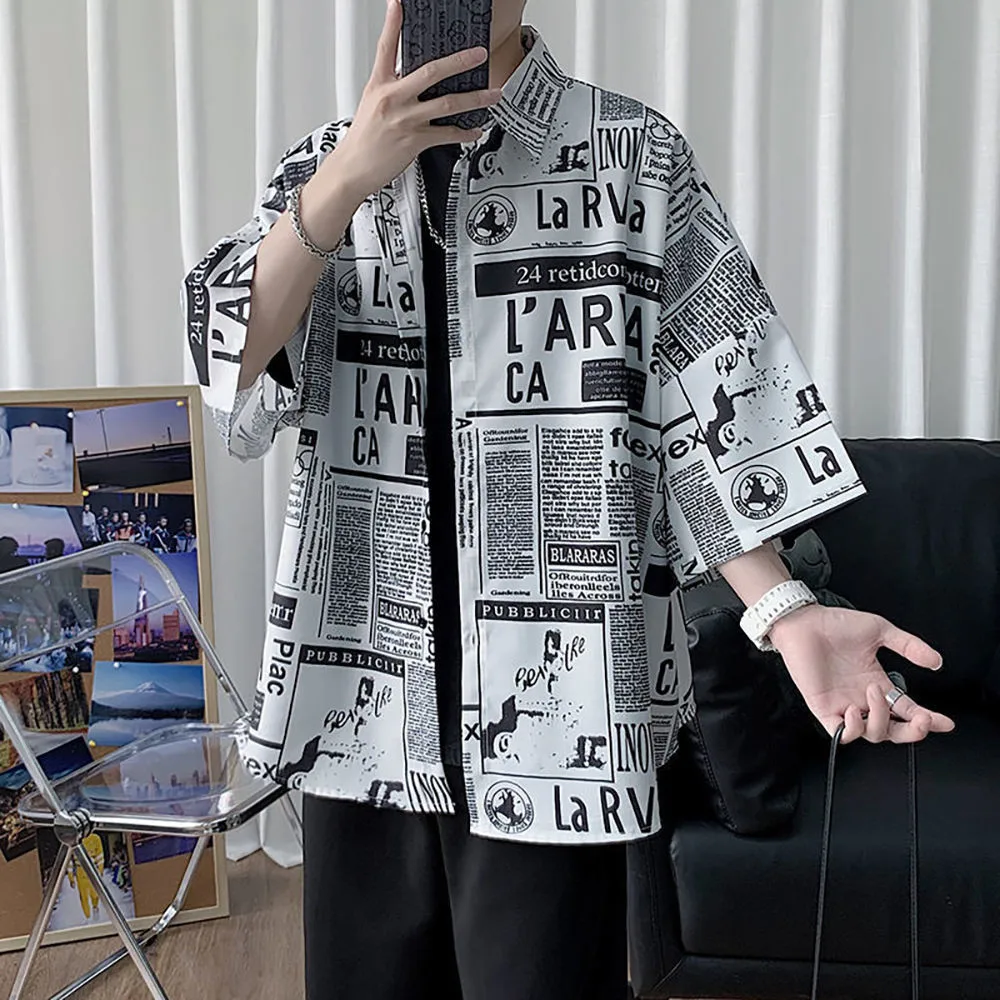 Рубашка мужская с принтом газет корейский стиль хип-хоп уличная одежда в стиле
