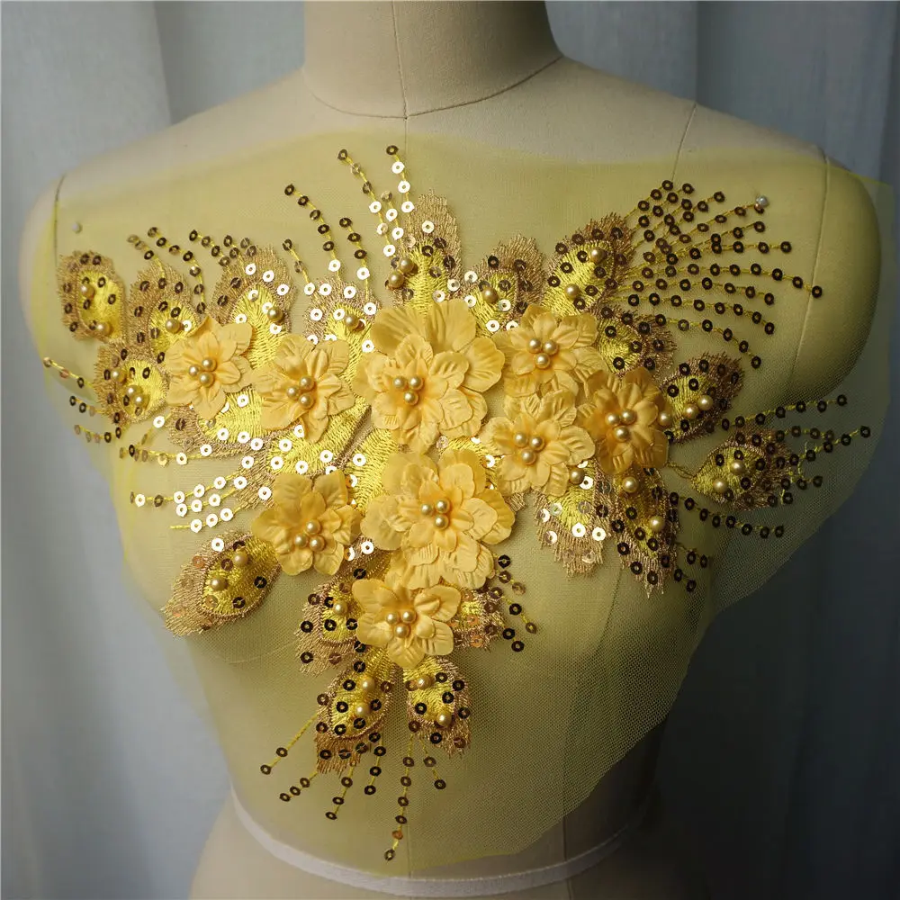 Желтые блестки кисточки 3D Цветочные Розы бусины кружевная ткань вышитая