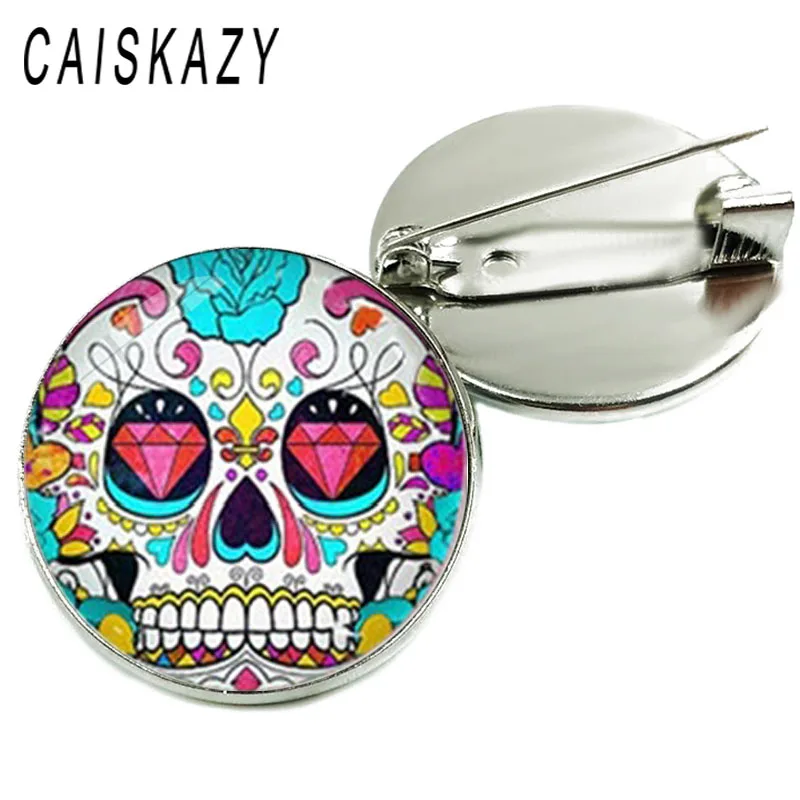 Модный булавка с изображением мексиканского сахарного черепа в стеклянном куполе, винтажные украшения и цветочные булавки на сумку и шляпу с позолоченным воротником для женщин.