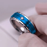 new fashion 8mm mens double groove beveled stainless steel ring blue brushed inlay aaa zircon ring mens wedding band jewelry