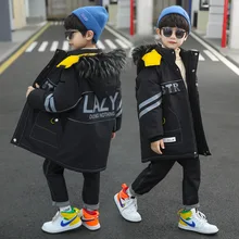 Boys Autumn Winter Thickened Reflective Striped Cotton Coat, Big Children's Loose Coat, Letter Hoode