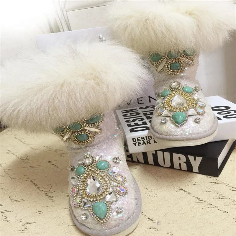

Handmade round toe flat sequined snow boots real hair luxury rhinestone mid-tube short boots with one cotton