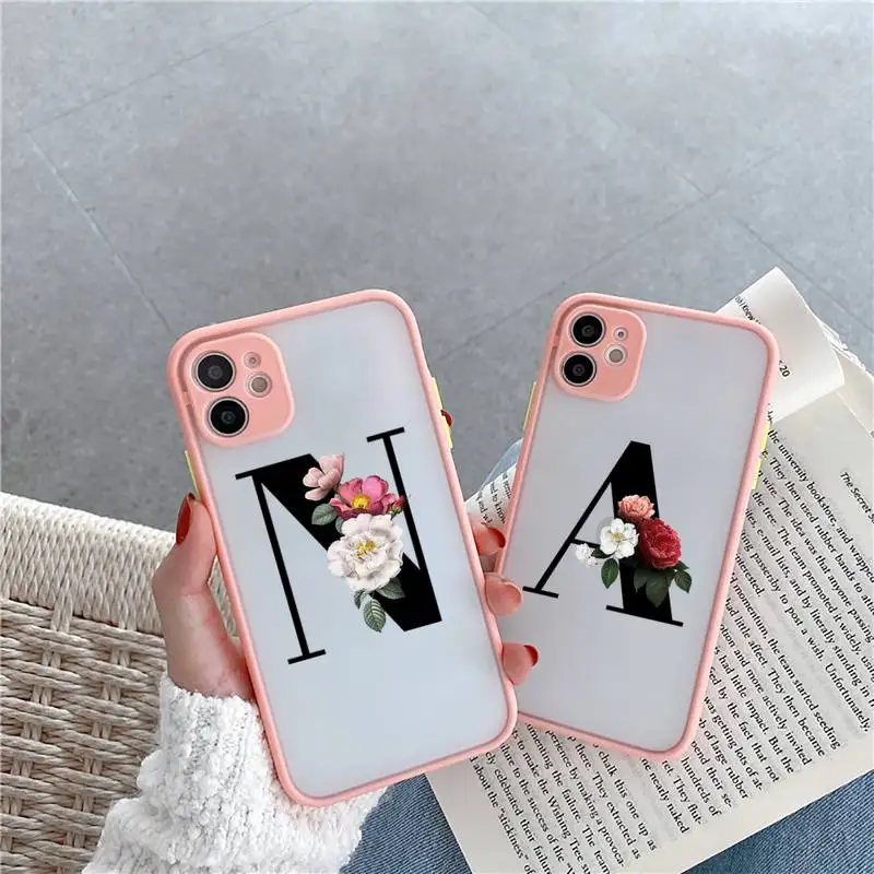 

Letter Intial art Floral Fundas Phone Case matte transparent For iphone 7 8 11 12 plus mini x xs xr pro max cover