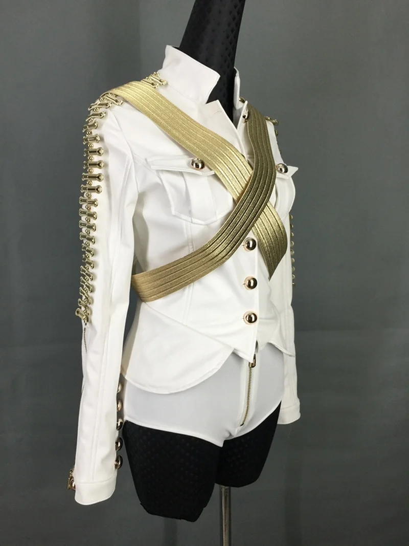 

Stage Costumes for Singers Dance Costume Stage Dj Service Leather Military Roupa Feminina Rhinestone Bodysuit 2 Pcs/set 2020