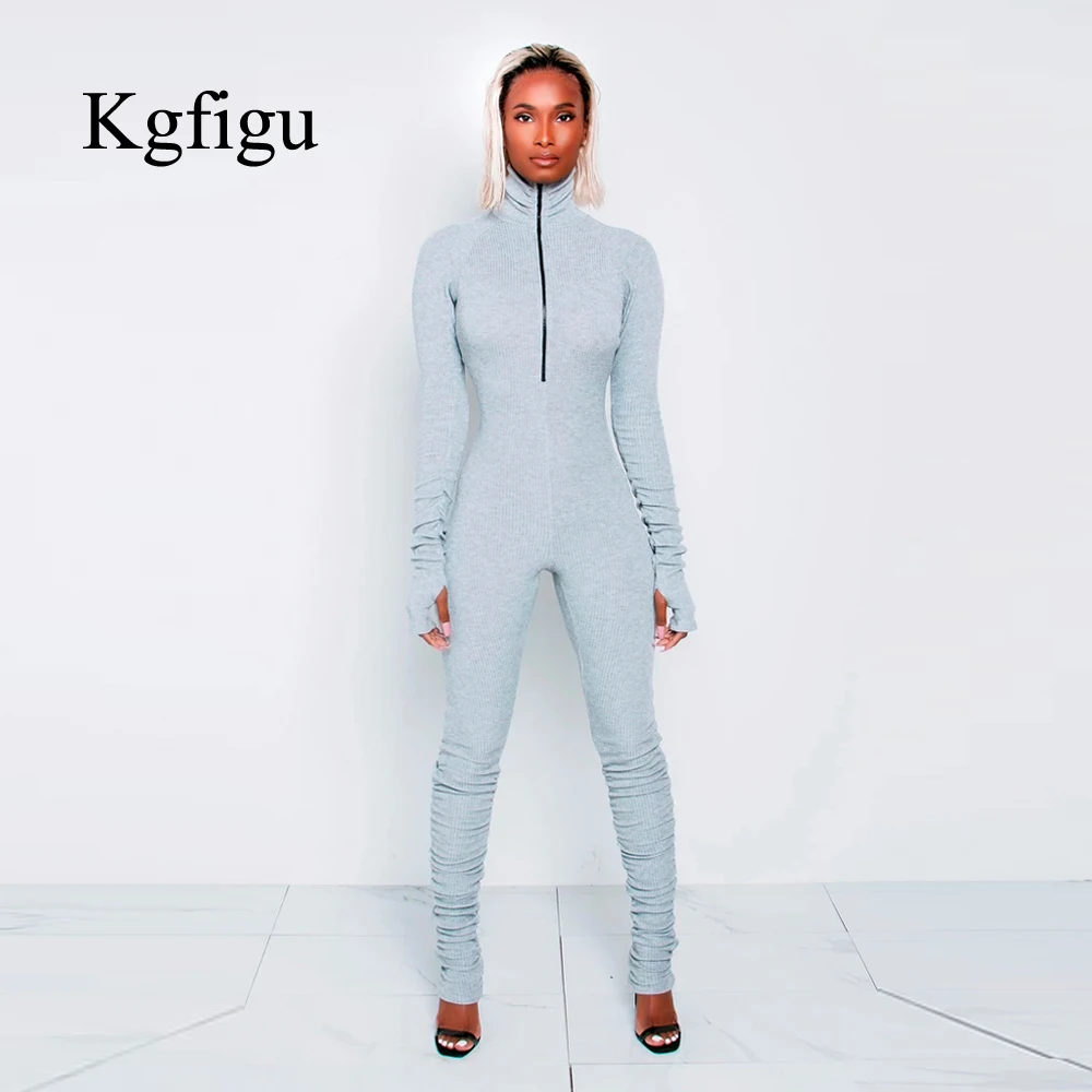 KGFIGU теплый солнечный оранжевый комбинезон для женщин, женские комплекты на молнии спереди с длинным рукавом, повседневные ребристые наряды, высокое качество, хорошо тянутся