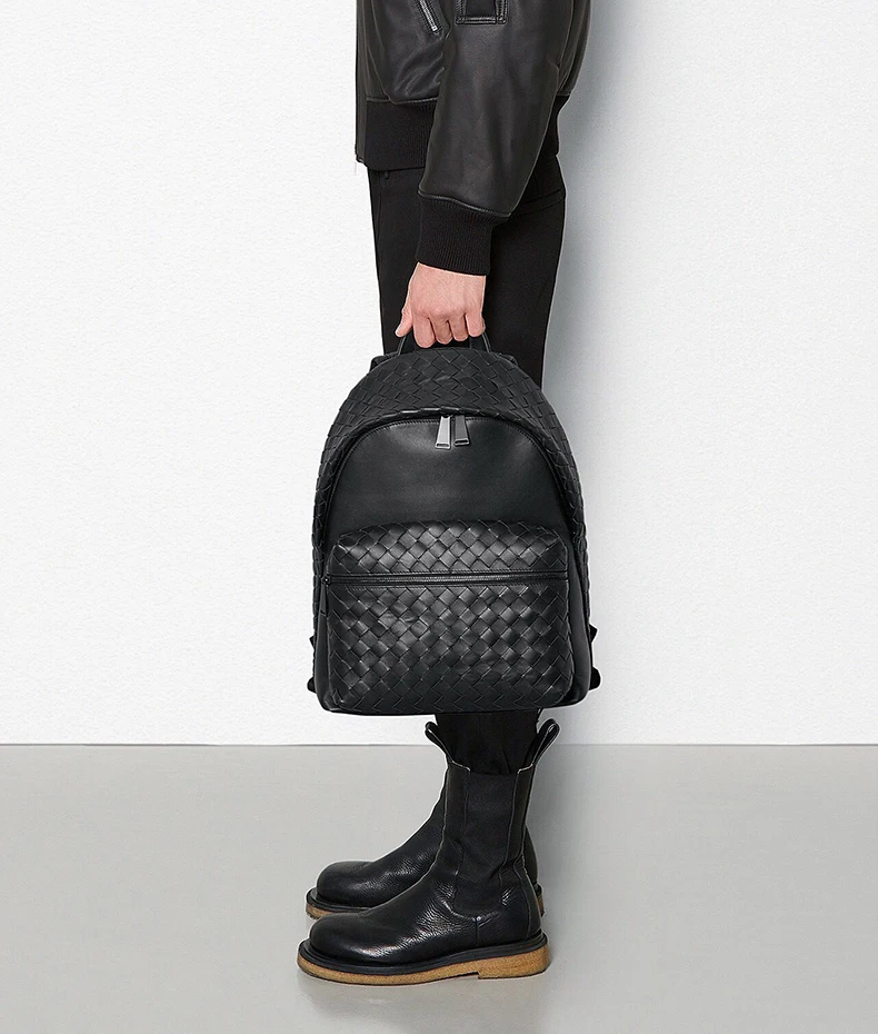 

Waxed calfskin weave real leather backpack Large capacity genuine leather handbag