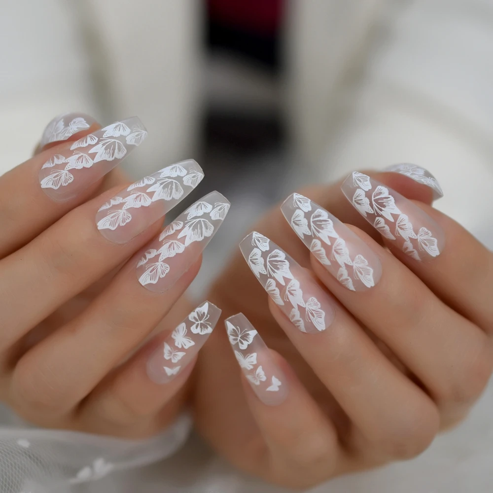 24pc Butterfly French Ballerina Coffin False Fake Nails Extra Long Press on Party Finger Wear Nail Tips 1 Sheet Jelly Sticker | Красота и