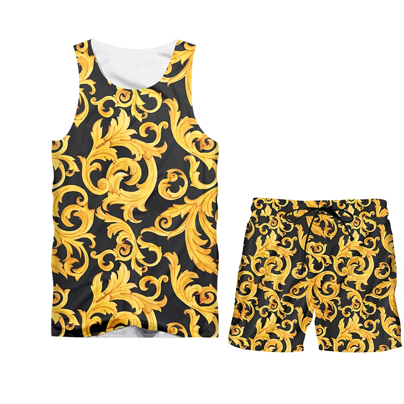 

IFPD Baroque Court Style T Shirts And Shorts Men's Set 3d Print Golden Flower Luxury Tracksuit Women's 2-PCS Suits Oversize 6XL