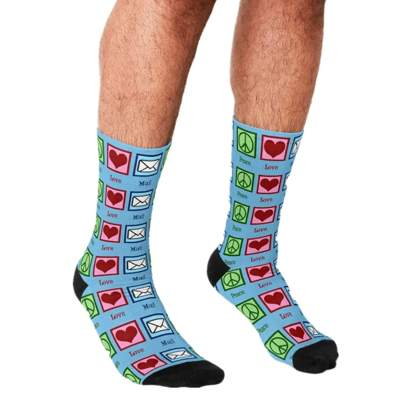 

2021 Funny Men's socks Peace Love Mail Pattern Printed hip hop Men Happy Socks cute boys street style Crazy Socks for men