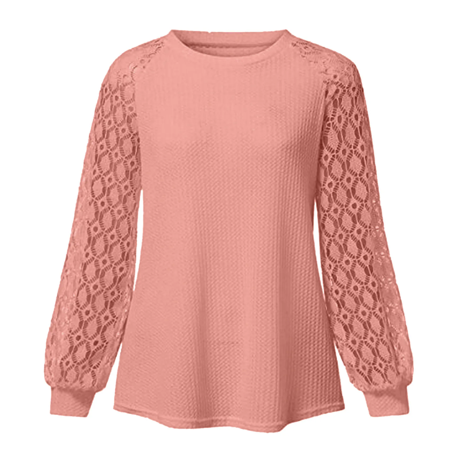 Женская Однотонная футболка с кружевом Повседневная Свободная длинным рукавом и