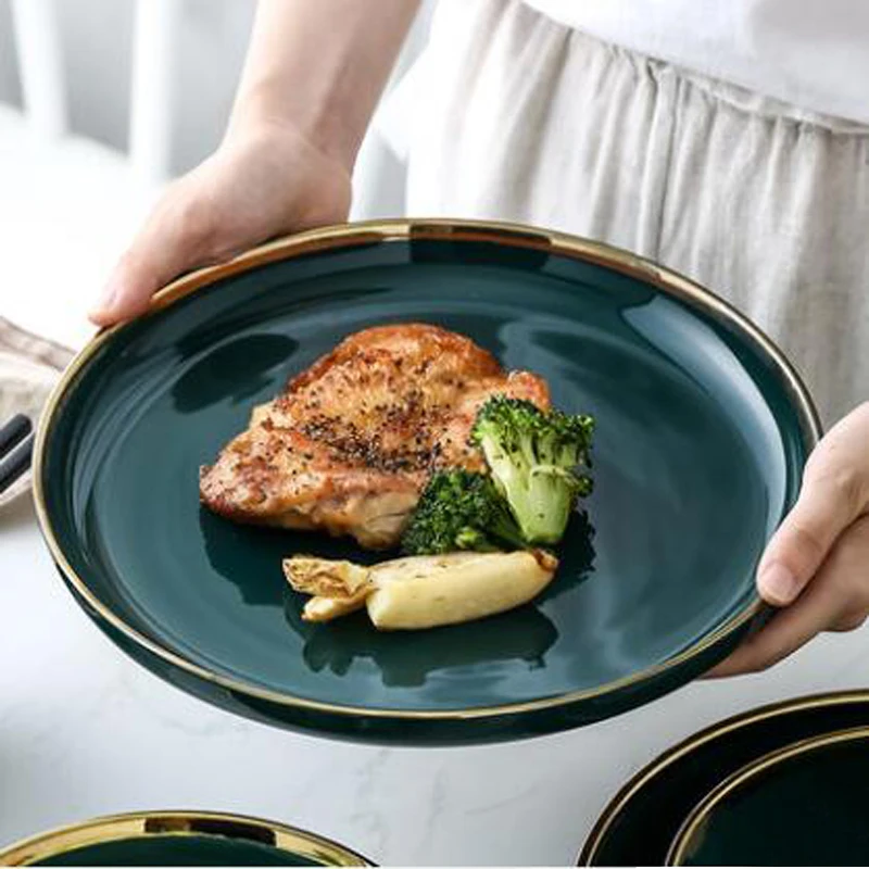 Посуда зеленый керамический столовый сервиз Золотая инкрустация фарфоровая