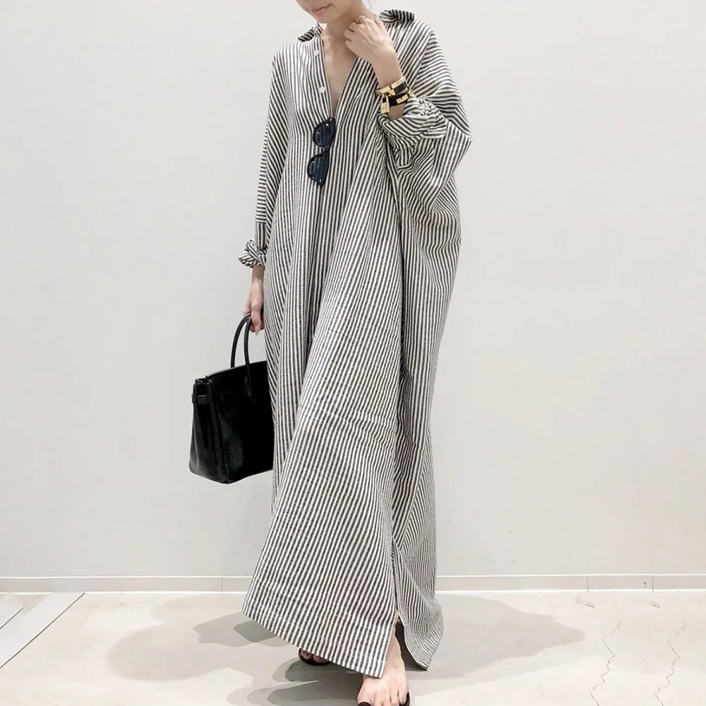 

Maxi Dresses For Women Striped Shirt Long Sleeve Button Dress Ladies Fashion Casual Loose Dressing A Line Single-Breasted Dress