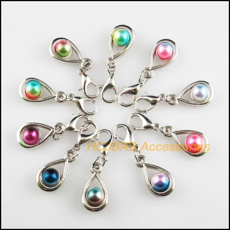 

20 New Teardrop 9.5x17.5mm Charms Dull Silver Plated Mixed Ball Acrylic Retro With Lobster Claw Clasps