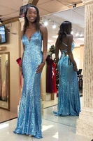 spark bling blue sequins evening dresses sexy backless prom dress v neck long formal party dress for junior graduation wear 2019
