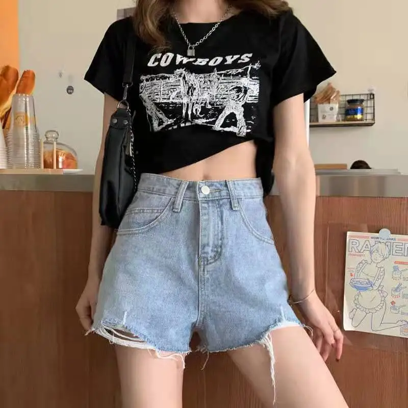 

New Summer Women's High Waist Button Artificial Leg Jeans and Shorts Casual Women's Loose Blue, White and Black Jeans and Shorts