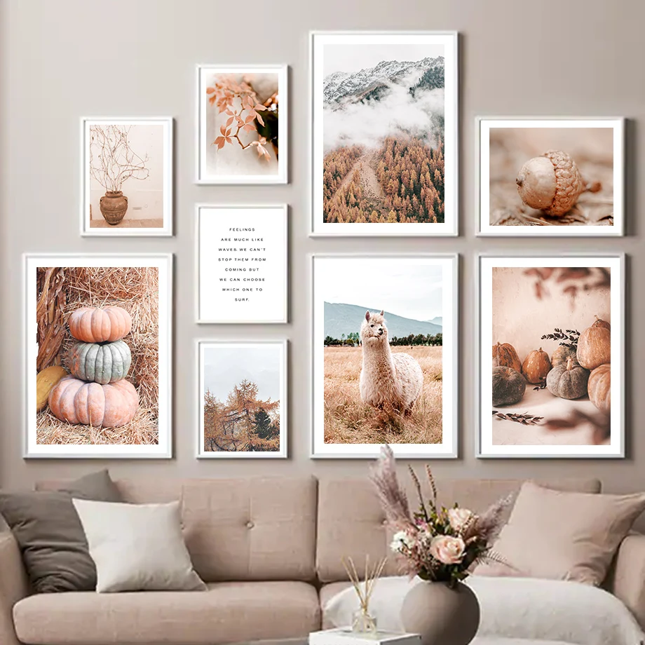 

Alpaca Pine Cones Trees Leaf Autumn Pumpkin Wall Art Canvas Painting Nordic Posters And Prints Wall Pictures Living Room Decor