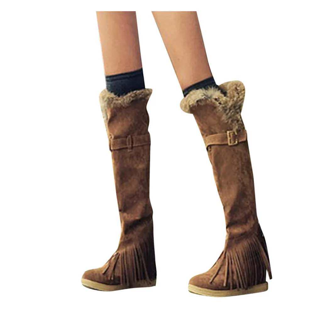 Зимняя женская обувь на плоской подошве с бахромой пряжкой теплые зимние сапоги