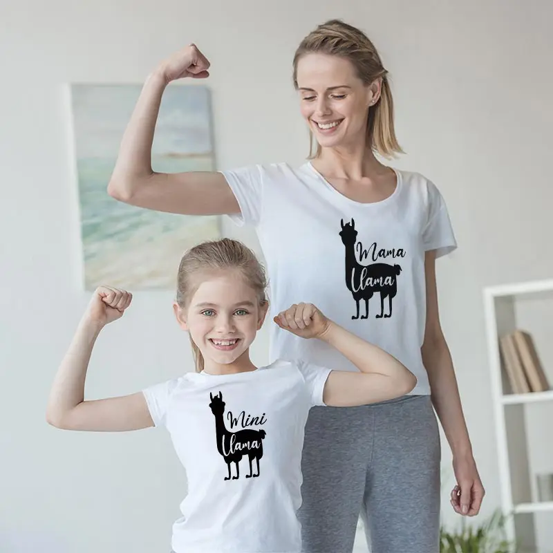 

2021 summer short sleeve cute childlike fun alpaca printed mother-daughter cotton round collar top mom and girl valentine's day