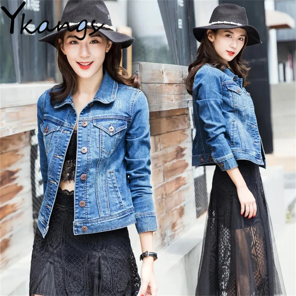 

Harajuku Long Sleeve Denim Jacket Bf Trend Spring Autumn Slim Blue Jeans Top Women Solid Short Overcoat Oversized Female Jackets