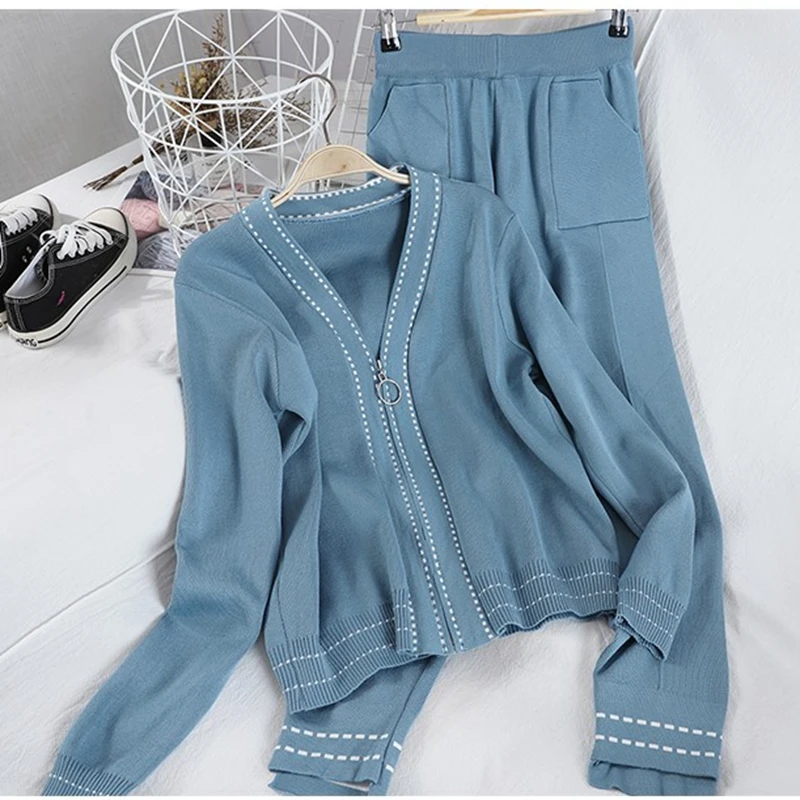 

Women Casual Tracksuit Knitted Coat And Long Pants Suit 2021 Autumn New V-collar Zipper Up Cardigans +Trousers 2pcs Set Female