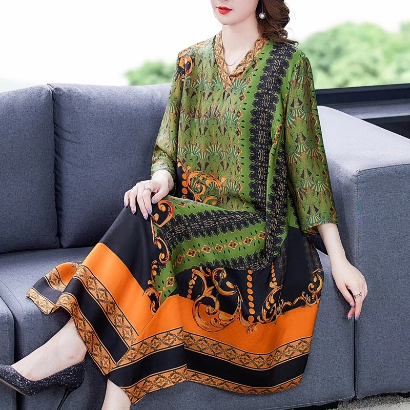 

2021 Summer Boho Print Mulberry Silk Vintage Midi Dress Women Loose M-4XL Plus Size Chiffon Dresses Elegant Party Vestidos