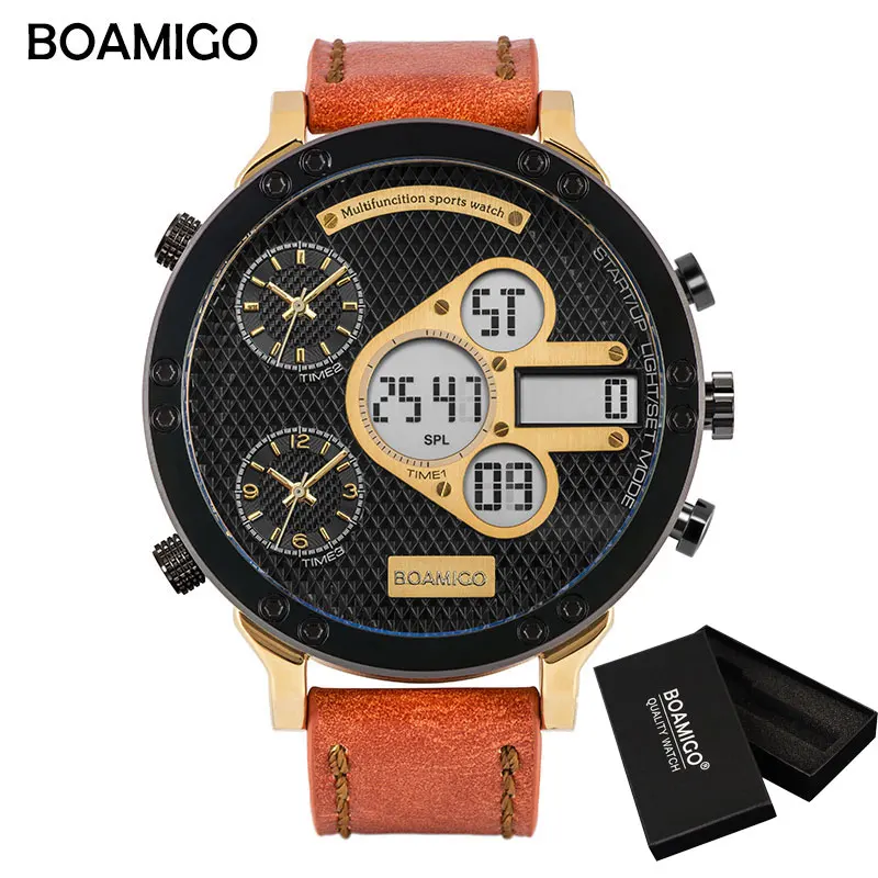 brown box BOAMIGO мужские военные часы мужские спортивные часы мужские кварцевые светодиодный цифровой аналоговый 3 Часы мужские коричневые синие наручные часы водонепроницаемые - Цвет: brown box