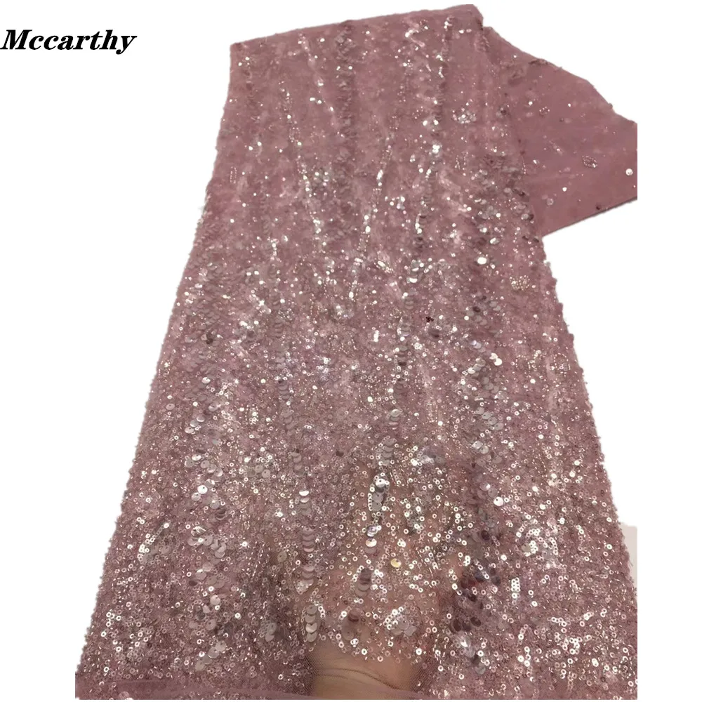 

African Beads Lace Fabric 5 Yards 2021 High Quality Onion Sequin Embroidery Nigerian Wedding Asoebi Dress Sewing Lace Material