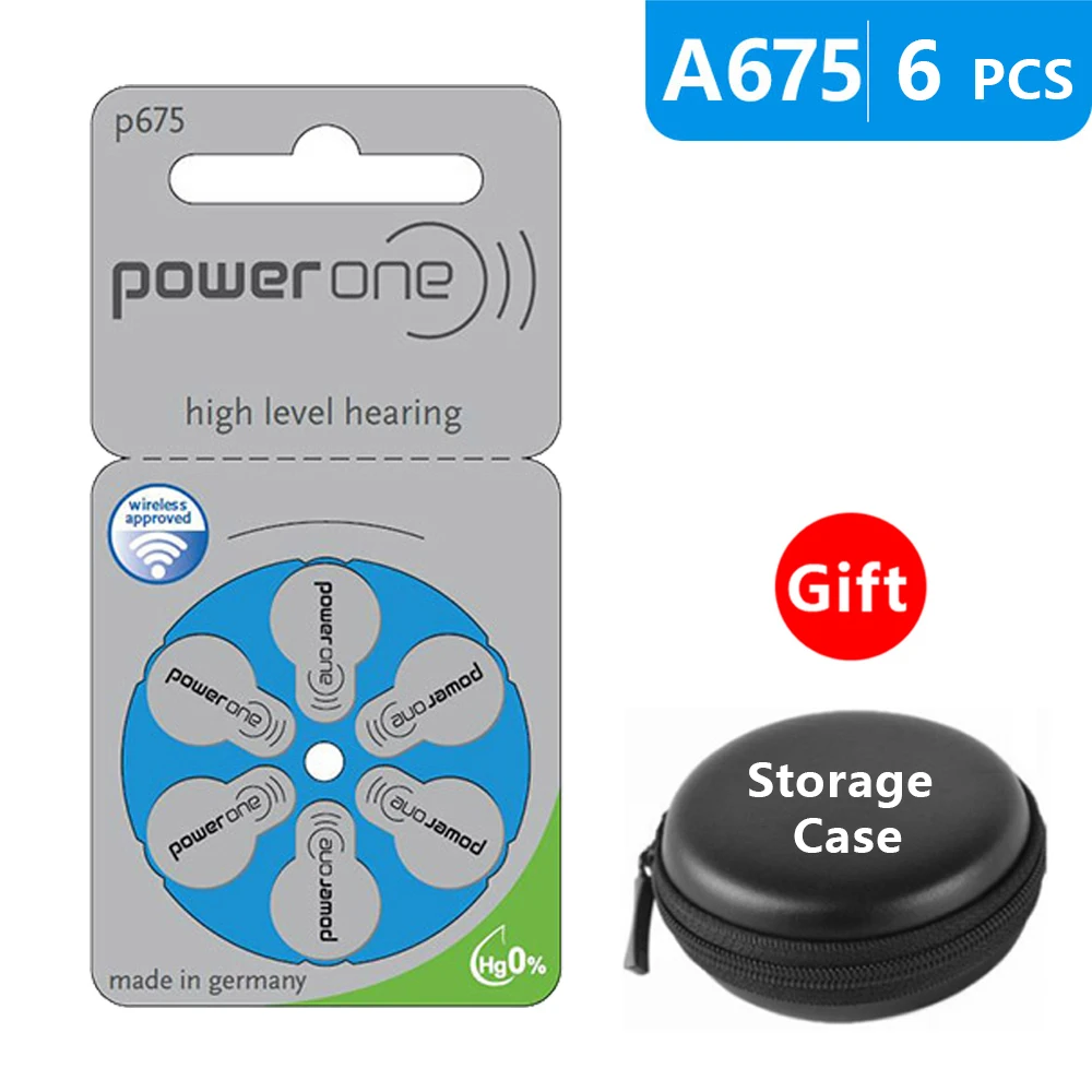 

Батарейки для слухового аппарата, размер 675 za Power one, комплект из 6, синий Tab PR44, 1,45 в, тип A675, Цинковый воздушный аккумулятор p675 с чехлом для хран...