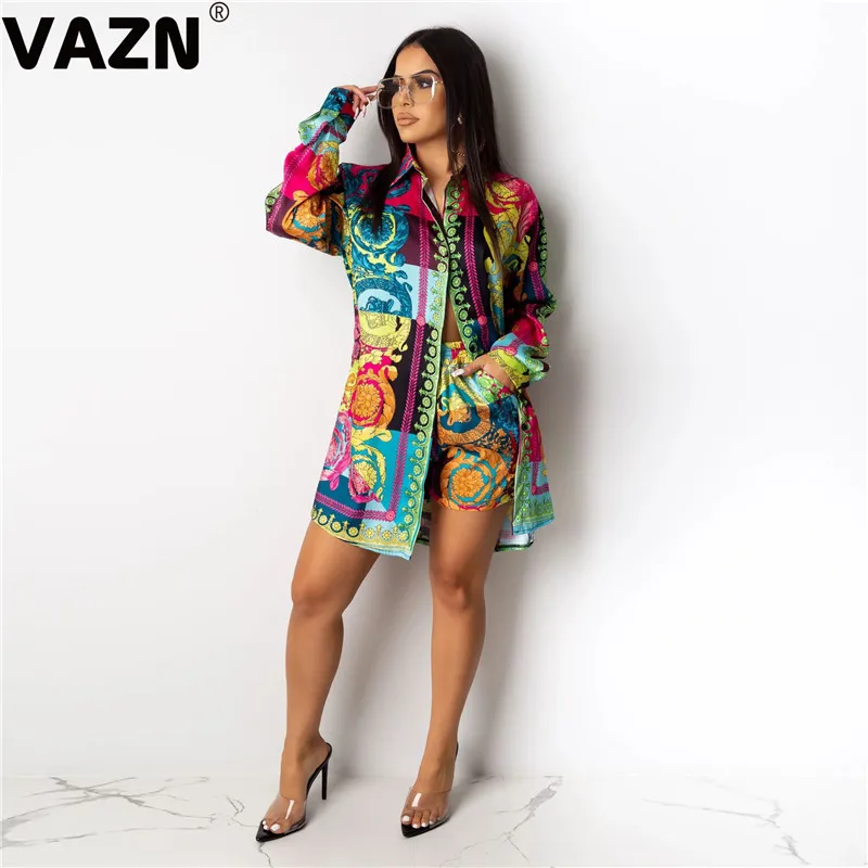 VAZN New Design Colorful Street Style Sexy Shirt Dress 2019 V-neck Long sleeve dress Loose Lady Party Club | Женская одежда