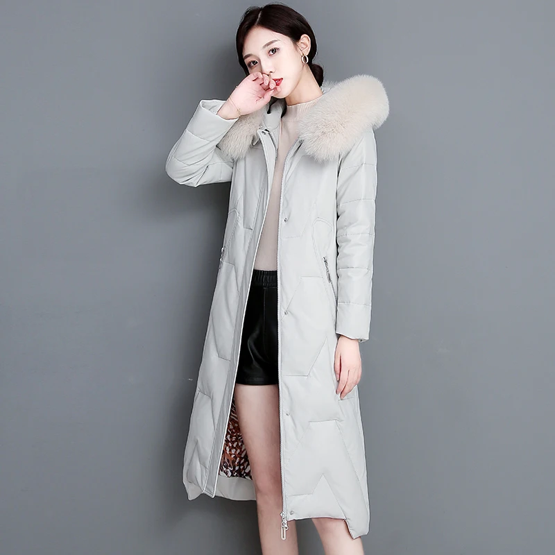 New Women Leather Down Coat Winter Fashion Real Fox Fur Collar Hooded Loose Sheepskin Overcoat Thick Warm Long Outerwear Female