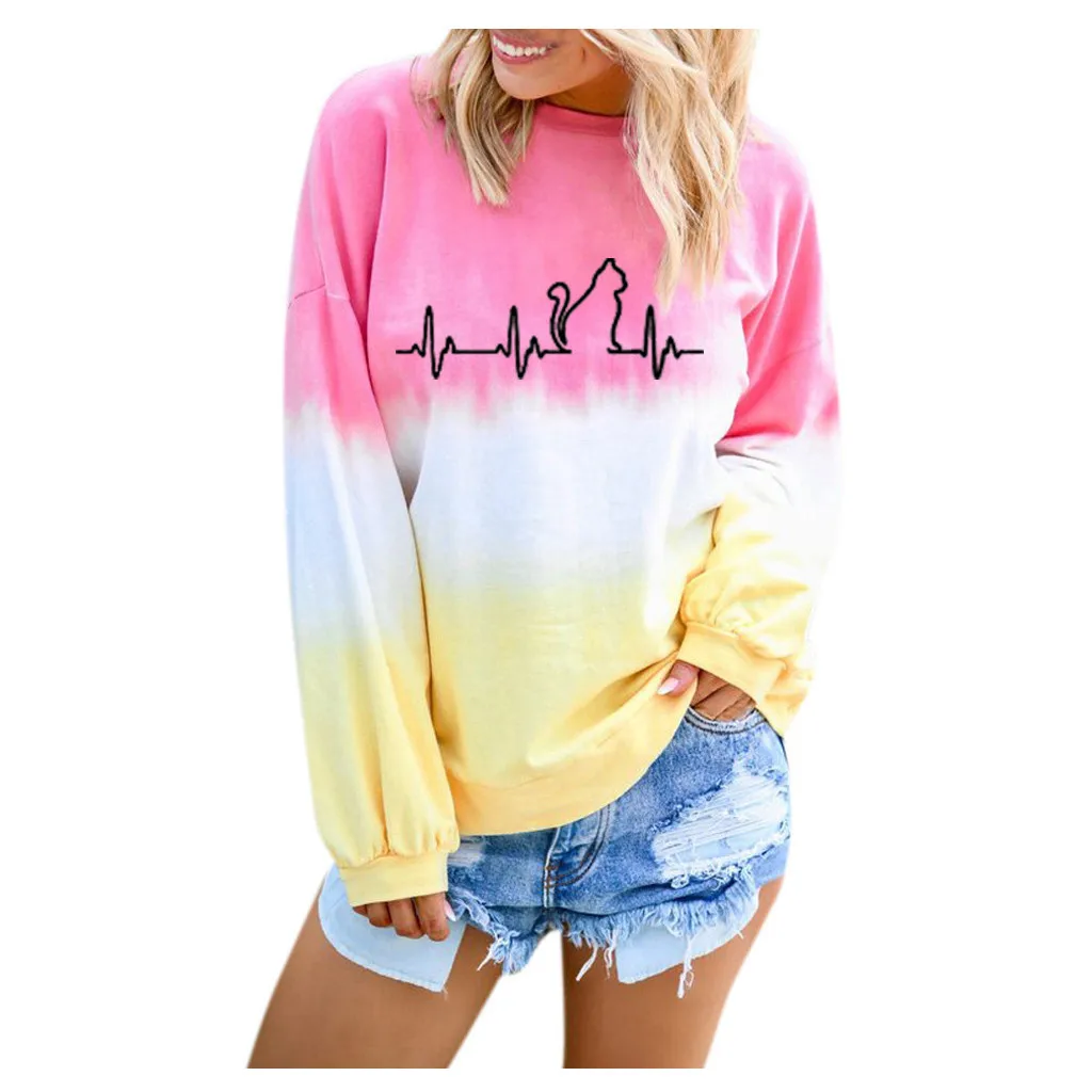 Женская футболка 2019 Женский градиентный контрастный цвет с рисунком кота