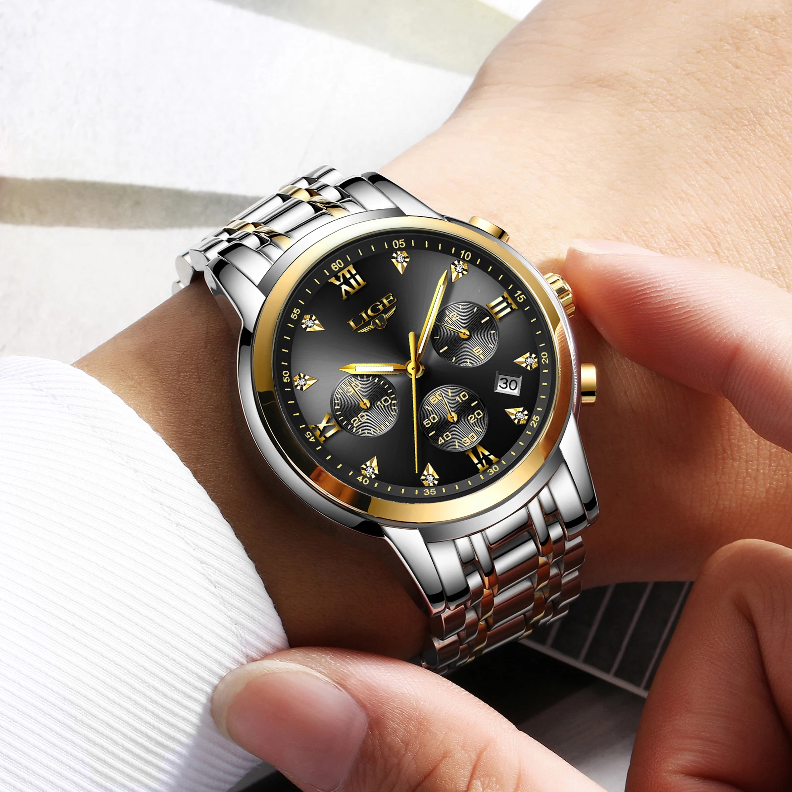 Часы наручные LIGE Мужские кварцевые брендовые Роскошные модные повседневные