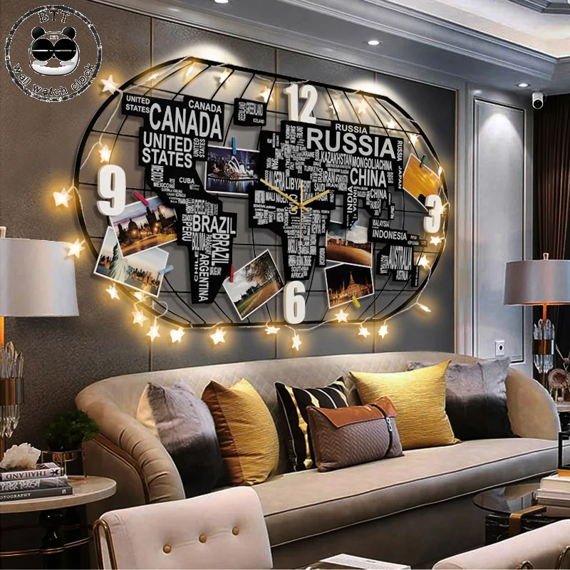 Nordic Large Wall Clock Modern Design Creative World Map Clock for Living Room 3D Quartz Home Decor