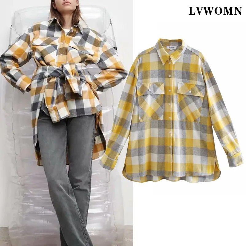 

LVWOMN Za 2021 New plaid Shirt Oversize Female Top Women Long Sleeve Girls Blouse Plus Size Women Casual Loose Pockets Tops Chic