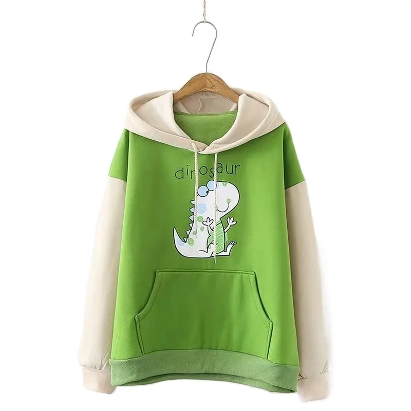 Women's Korean Cartoon Print Hit Color Patchwork Hooded Sweatshirt Fleece Warm Long Sleeve Hoodies Girl Casual Pullovers 2012030