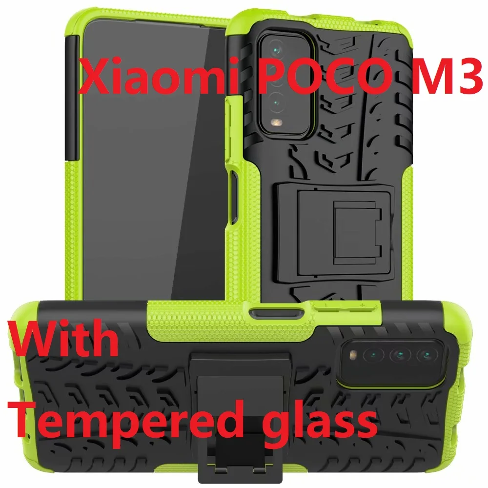Гибридный жесткий чехол для Xiaomi POCO M3 + закаленное стекло мягкий гелевый защитный